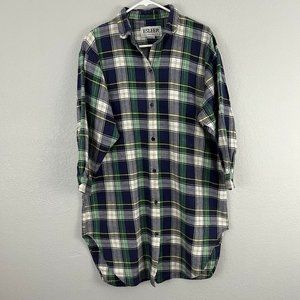 Vintage Esleep Dorm LS blue green and white plaid button down sleep shirt Sz OS